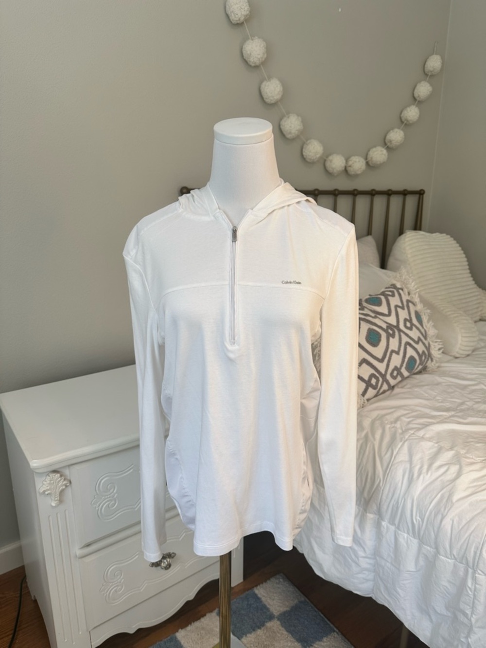 Calvin Klein White 3/4 Zip Jacket Hooded Women Small Gorpcore Athleisure Cotton